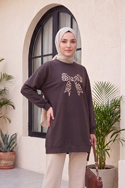 Modamorfo Round Neck Bowknot Printed Loose Tunic -Brown