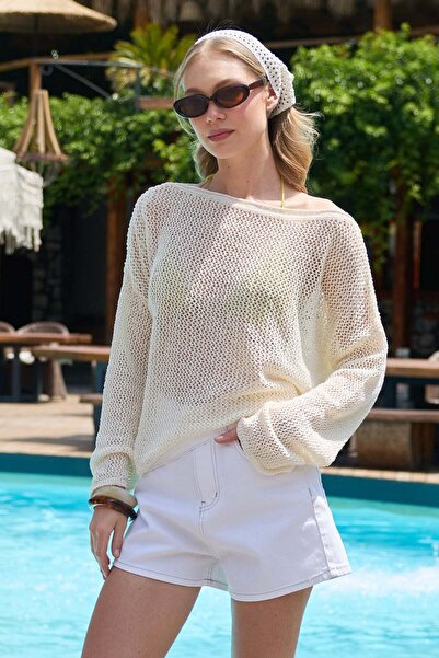 Fulla Moda Mrežasta pletena bluza sa lađastim izrezom
