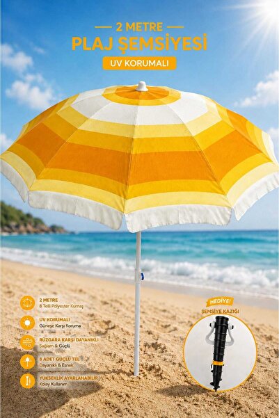 Artı 2 Metre Plaj Şemsiyesi – UV Korumalı 8 Telli Polyester Kumaş, Şemsiye Ka...