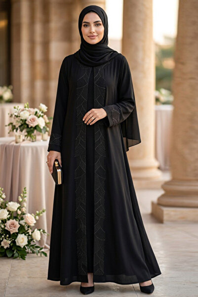 Neva Style Geometric Embroidery Detailed Belted Black Hijab Robe 29142S
