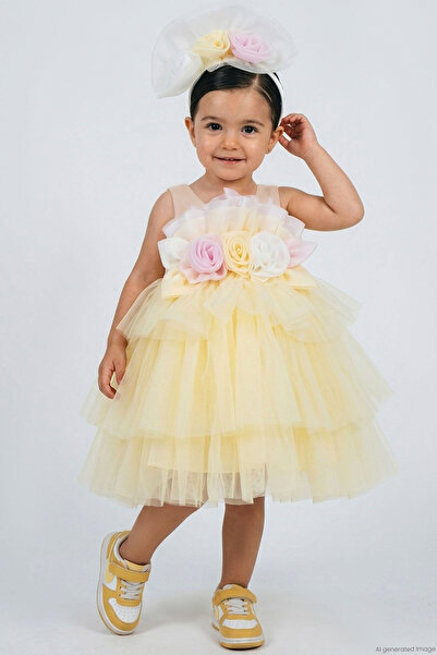 MONİTA Girl's Evening Dress, Layered, Colorful Rose Detail, Crowned, 1-5 Year...