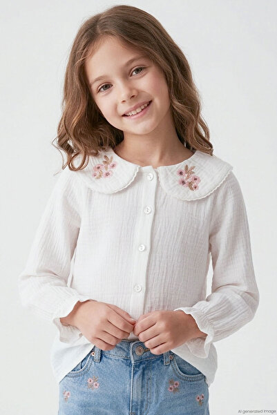 Breeze Girl's Shirt with Floral Embroidery on the Collar and Buttons, Ages 4-...