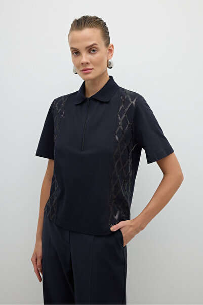 Roman Önü Payet Nakışlı Polo Yaka T-shirt Lacivert K2623820_015