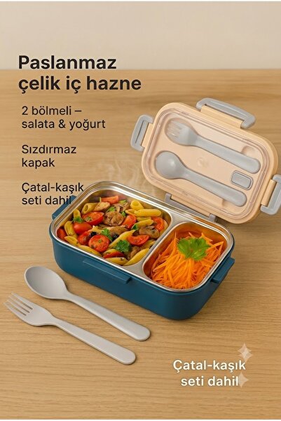 Sowo Home Steel Lunch Box 2 Compartments, with Fork Spoon, Air Lock, Microwav...