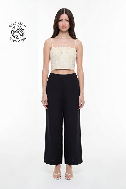 Roman Düz Paça Keten Pantolon Siyah YY012028_001