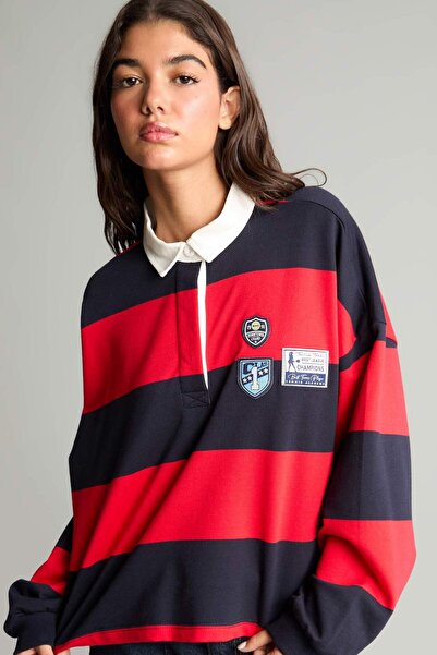 DeFacto Loose Fit Polo Collar Color Blocked Embroidered Sweatshirt H9944Ax26Au