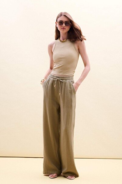 DeFacto 100% Cotton Wide Leg High Waist Muslin Trousers E3934Ax25Sm