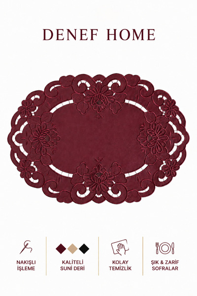 Denef Home Oval Antika - Deri Amerikan Servis Delik İşi Bordo - 35x50 cm 1 Adet