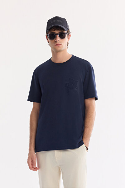 Avva Men's Navy Blue Crew Neck Injection Printed Bi-Stretch Interlock Regular...