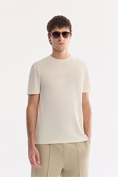 Avva Men's Ecru Crew Neck Injection Printed Cupra Single Jersey T-Shirt A61Y1140