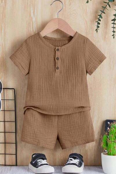 Bubito Unisex Baby&Child 100% Cotton Buttoned Muslin Bottom Top Shorts Set-Brown