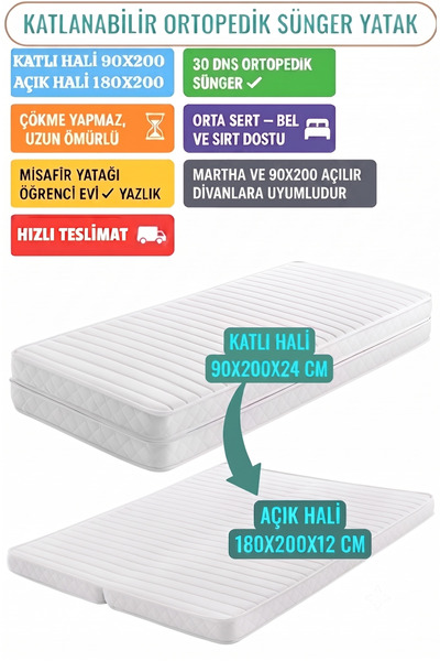 HÜZZAM 90x200 katlanır sünger yatak | Katlanır Ortopedik Sünger Yatak –90x200...