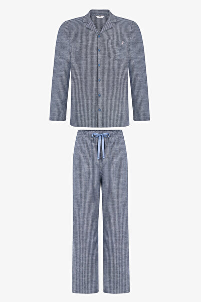 Penti Men's Oat Check Striped Long Sleeve Pajama Set