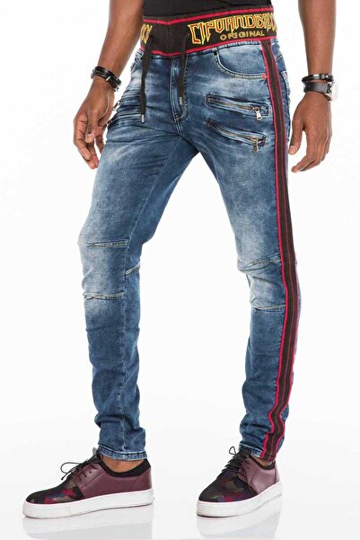 Generic Brand Men's Blue Rubber Belt Skinny Leg Biker Jeans