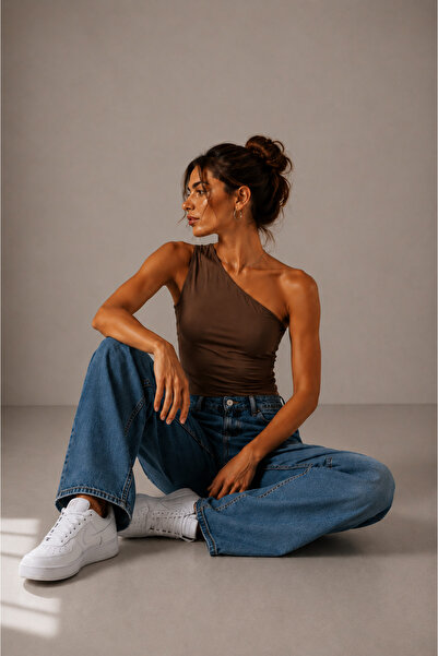 FLAMOVA One Shoulder Side Tie Detail Basic Bluz