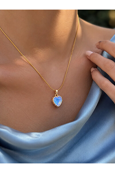 Elmosia Jewelry Blue Zircon Stone Steel Heart Necklace – Snake Chain, Tarnish...