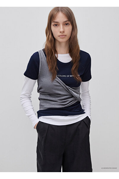 United Colors of Benetton Women's Navy Blue 100% Cotton Logo Printed Crew Nec...