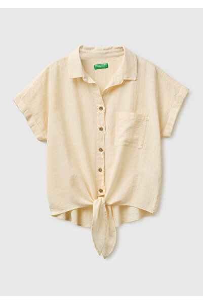 United Colors of Benetton Women's cream cotton viscose blend shirt with front...