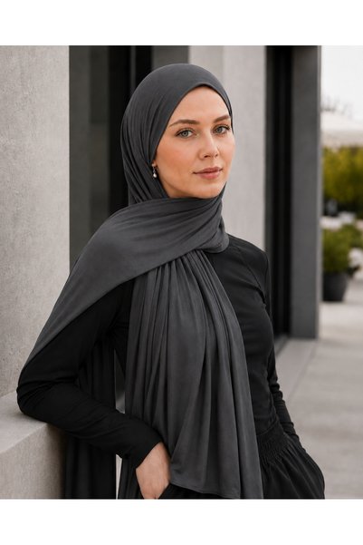 Merve Nayir شال حجاب من القطن الممشط والليكرا بلون أنثراسايت