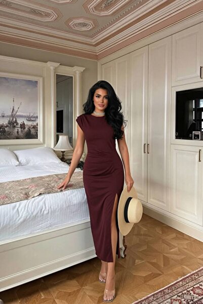 TANISA Burgundy Shoulder Detailed Waist Gathered Slit Double Fabric Midi Dres...