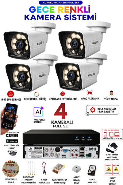 PROLİFE 4 Kameralı Full Set 1080p Full Hd Gece Renkli Görüş Güvenlik Kamerası...
