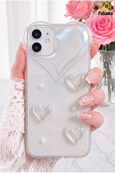 Fibaks iPhone 11 Kılıf Kalpli İnci Desenli Kalp Kamera Tasarımlı Şeffaf Kamer...