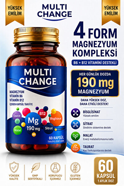 Multi change Magnezyum Complex 4X (Bisglisinat, Sitrat, Malat, Taurat) + B6 v...