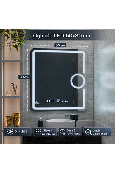 OEM Oglindă LED dreptunghiulară, 60x80cm, Eclat MotionGlow Marcello, Ceas și ...