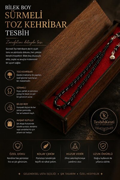 TESBİHKENTİ Bilek Boy Ahşap Kutulu Sürmeli Toz Kehribar Tesbih