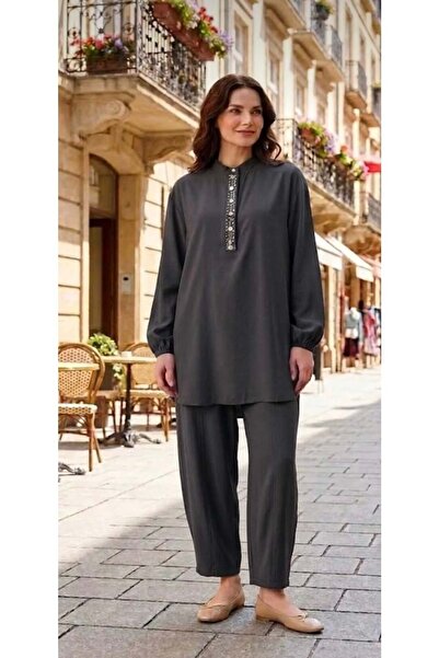 Puane 26Y14422 TAKIM TUNİK PANTOLON BONCUK İŞLEMELİ MODAL KUMAŞ ANTRASİT