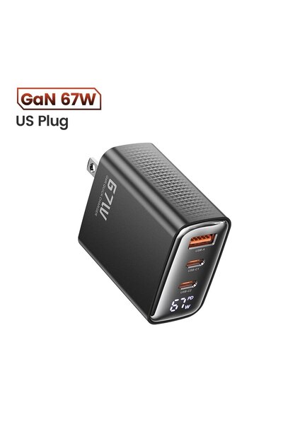 Toocki 67W US Plug Black 67W GaN USB Type C Charger Digital Display 65W 45W P...