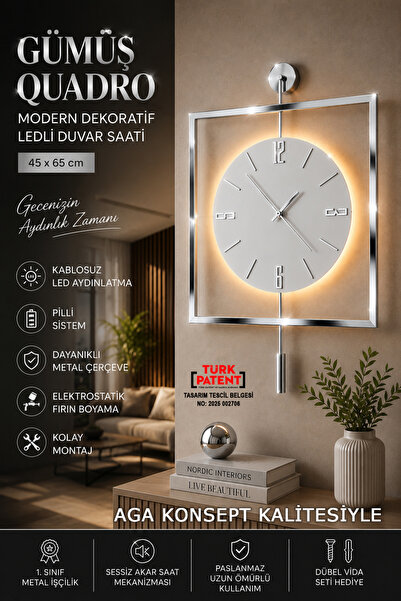 AGA KONSEPT Led'li KROM Rengi Quadro Yuvarlak Kristal 45 x 65 cm, Modern Deko...