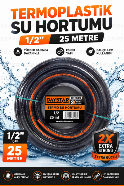 ellante Patlamaz 1/2 İnç 25 Metre Termoplastik Su Hortumu 2X Extra Strong Yük...