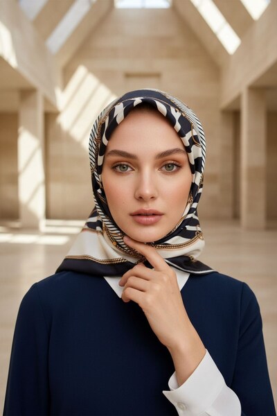 Vissona %100 Twill İpek Zincirli Ve Zebra Desenli Lacivert - Krem Renkli 90x9...
