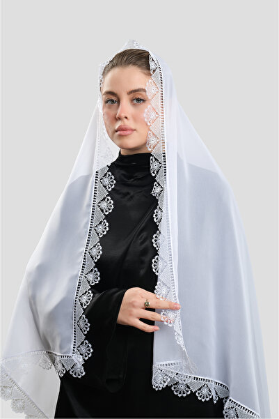 HÜRREMBONE SARAYDAN GELEN GÜZELLİK White Prayer Headscarf Shawl Chiffon Laced...