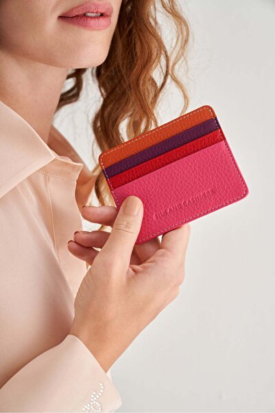 Silk and Cashmere Pembe Deri Renkli Kartlık