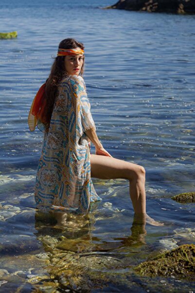 Silk and Cashmere Renkli Jas İpek Desenli Kısa Kollu Kimono Hırka