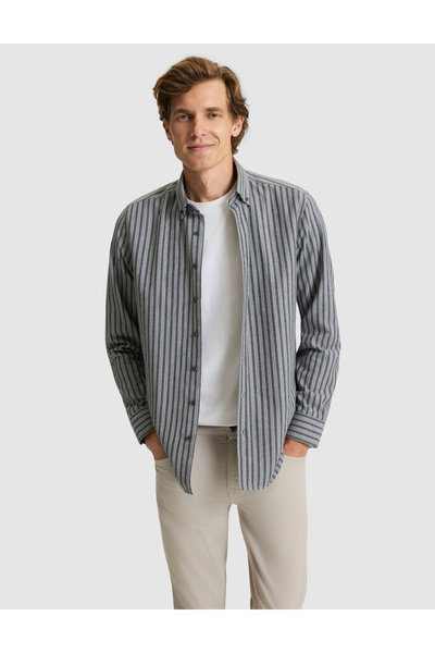 Pierre Cardin Gri Regular Fit Çizgili Uzun Kollu Gömlek 50316710-VR024