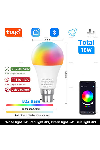 Choice Yes AC 220-240V B22 Base Total 18W Tuya Bluetooth LED Bulb Dimmable 15...