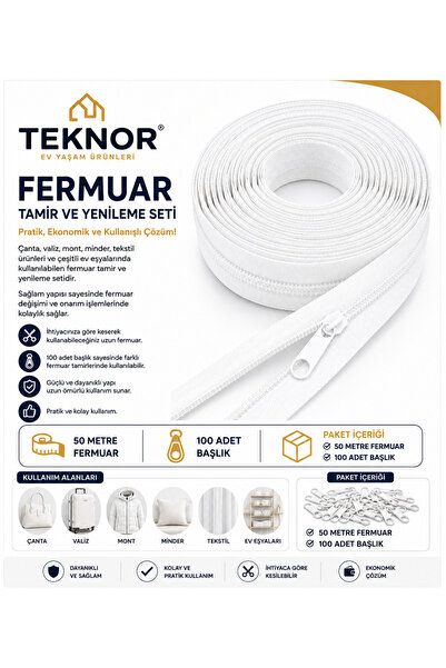 Teknor Beyaz Fermuar 50 Metre 100 Adet Başlık T5