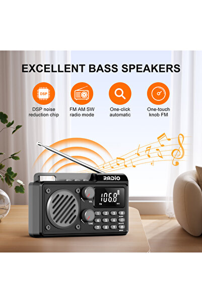 Choice black Portable Full-Band Radio with 1500mAh Fast Charge Sleep Timer AM...