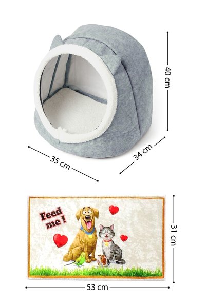 GOBYPET Alas Gri Keçe Kedi Ve Köpek Evi Yatağı-mama Kabı 2 Kaseli Kedi-köpek Suluk,mamalık Paspas Seti