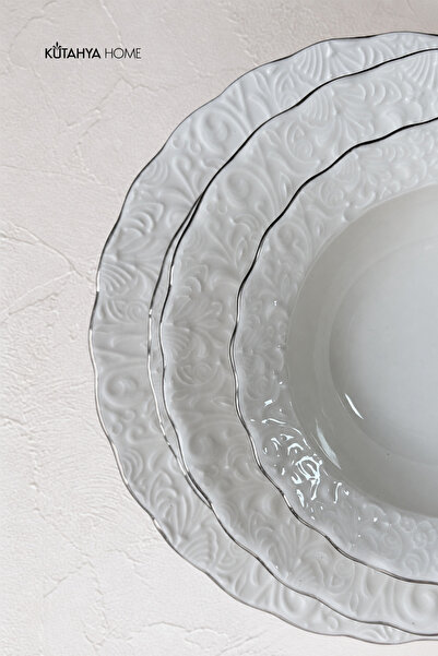 KÜTAHYA HOME Ivory 24 Parça Porselen Yemek Takımı – Gümüş Yaldızlı Rölyef Des...