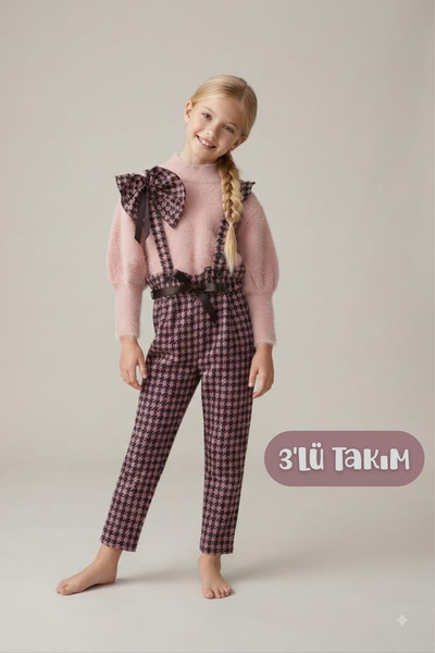 Hilal Akıncı Kids سترة تريكو بنصف الياقة المدورة للفتيات موديل Houndstooth مو...
