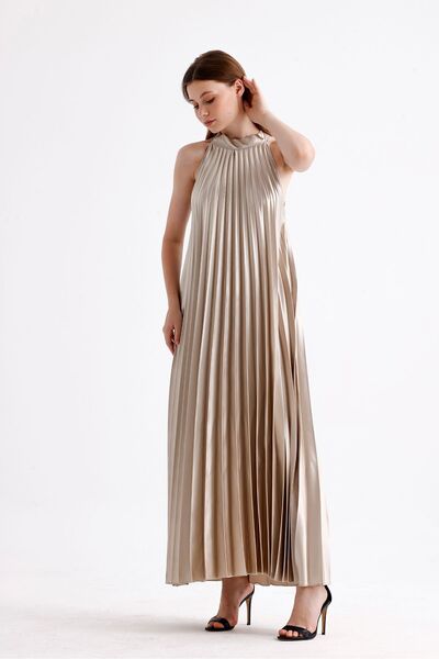 Sense Halter neck pleated digital printed sleeveless satin dress |   Elb34513...