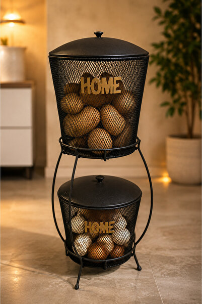VENON Home Organizer Inci 2 Katlı Metal Sebzelik Patates Soğan Sepeti Siyah G...