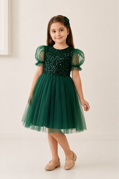 Mnk Baby&Kids Balon Kol Pul Payet Kız Çocuk Tütü Elbise M00751 YEŞİL