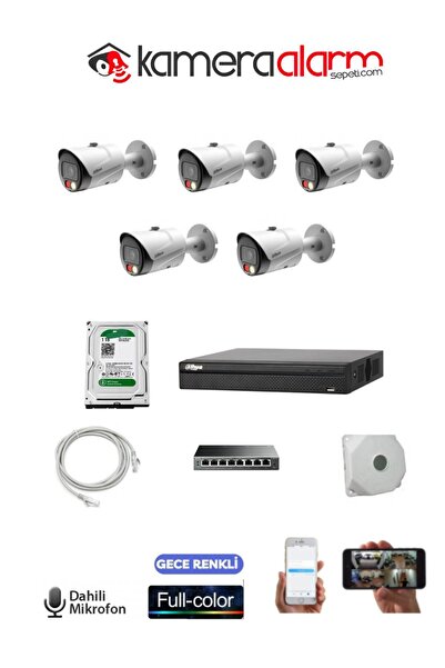 DAHUA 5 Kameralı Mikrofonlu Gece Renkli 2MP IP Kamera Seti - 1TB HDD- 30 Metr...