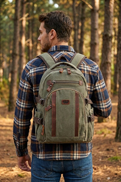 ÇÇS 31509 Cotton Canvas Backpack with Laptop Compartment School Bag Green