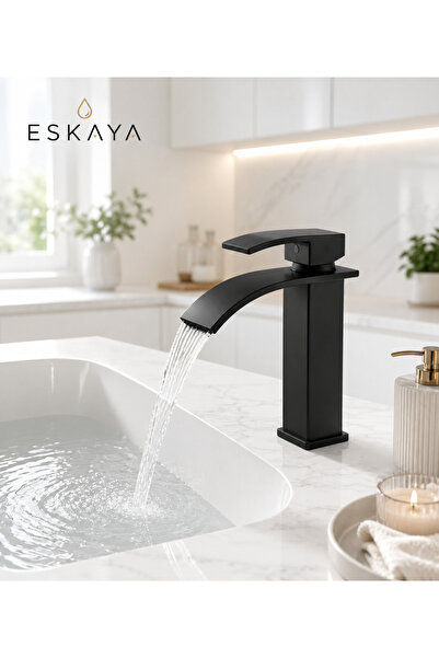 ESHOME Mat Siyah Lavabo Bataryası – Şelale Akışlı Modern Banyo Musluğu | Tek ...
